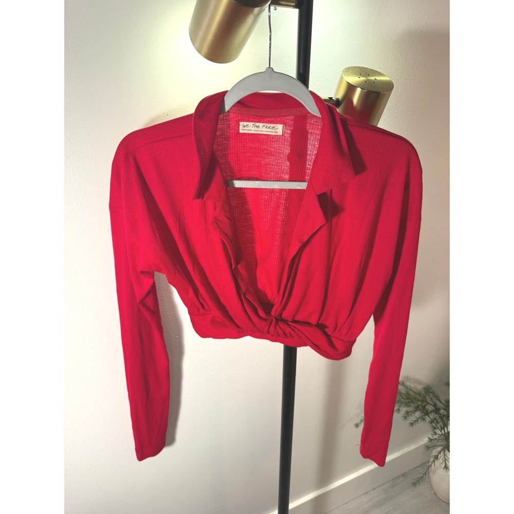 We The Free Free People Cherry Red Ribbed Cinched Front Crop Top XS Long Sleeve